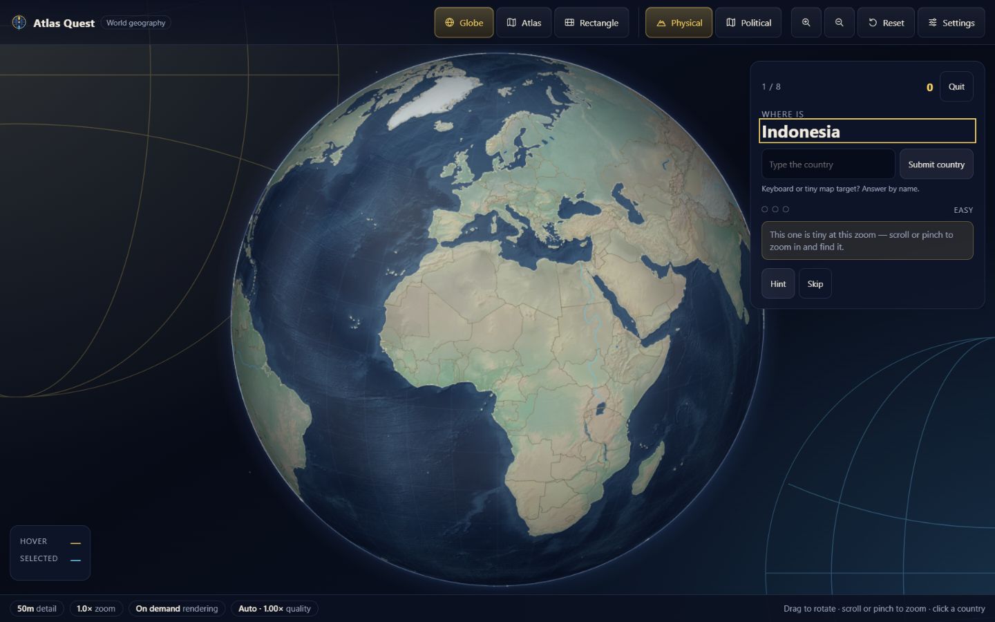 Atlas Quest showing its physical globe during a country-finding round.